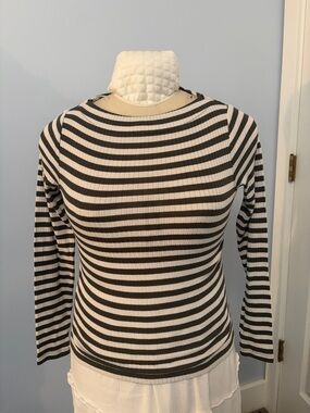 Striped Long-Sleeve Ribbed Boatneck Top Green & White